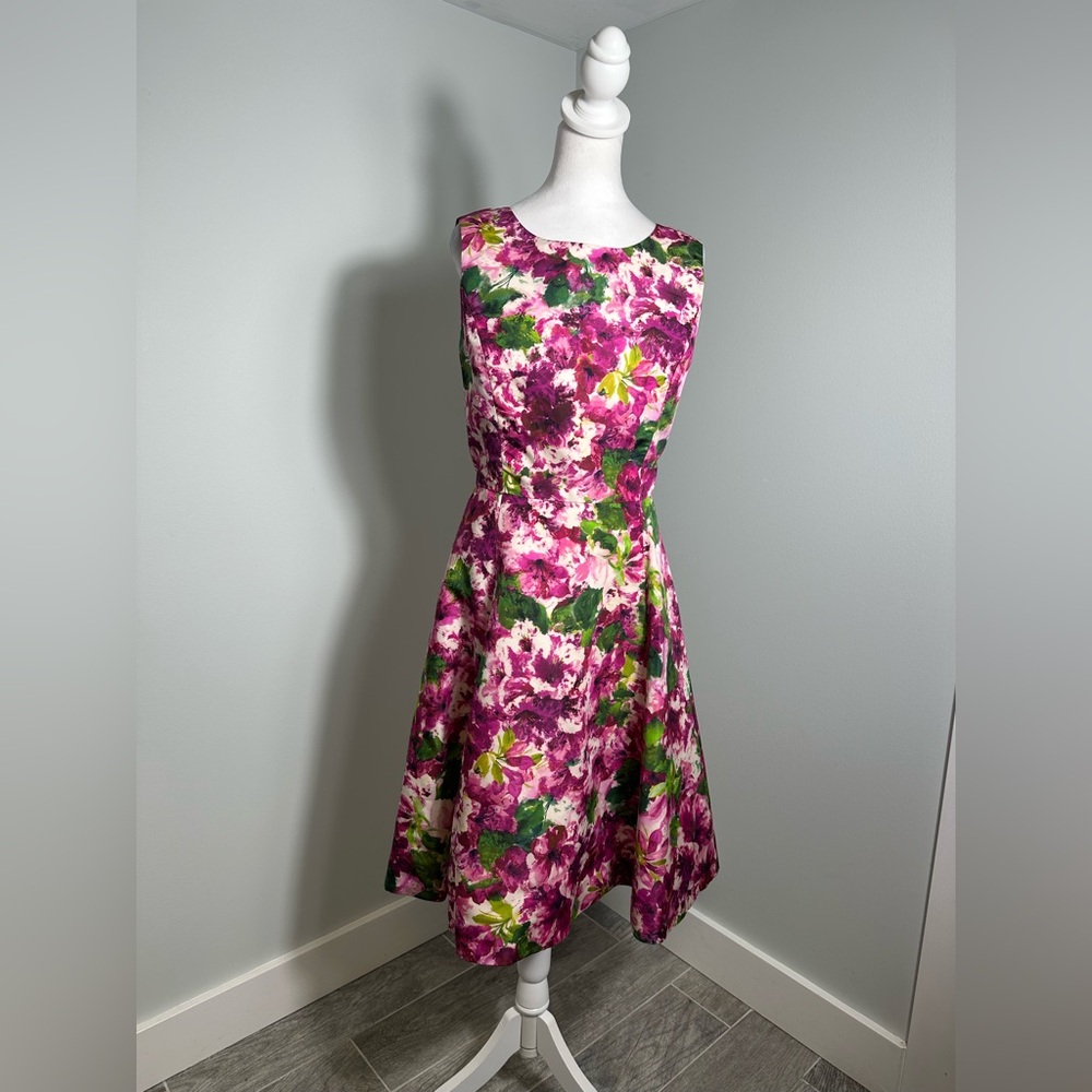 Oscar de la Renta Silk Floral Party Poplin Fit & Flare Cocktail Midi Dress Sz 8 - Picture 3 of 16